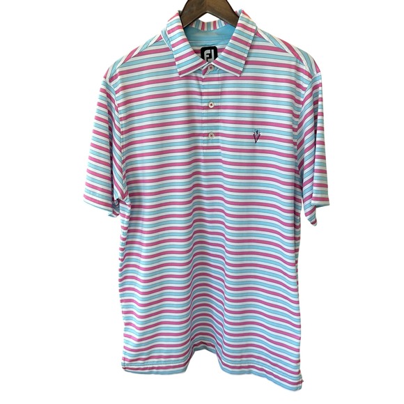 FootJoy Mens ProDry Striped Golf Polo Shirt Pink Blue White Large Stretch Logo - Picture 3 of 10
